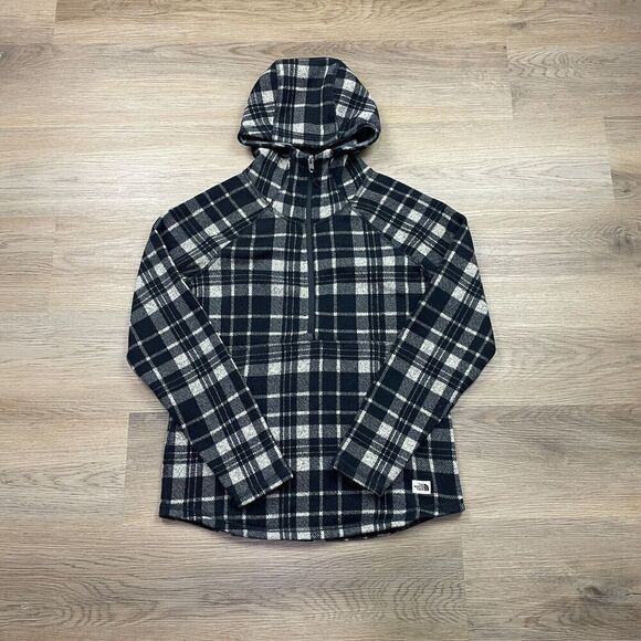 The North Face Jacket Womens Small Black Outdoor Half Zip Fleece Hooded Plaid - Picture 1 of 12